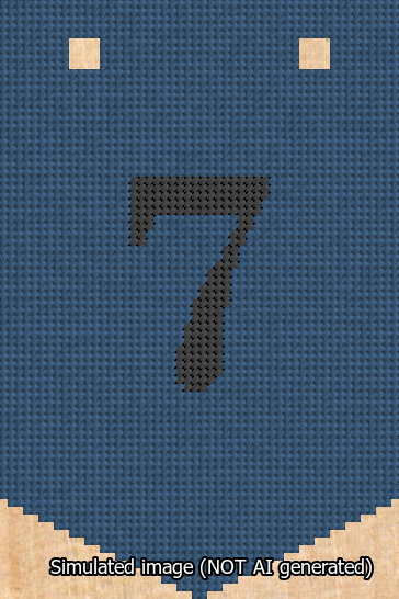 A simulated image of the stitched needlepoint design: Banner 13m Pointed 7 Black on Blue. Not A.I. generated.