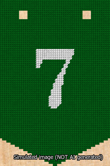 A simulated image of the stitched needlepoint design: Banner 13m Pointed 7 White on Green. Not A.I. generated.