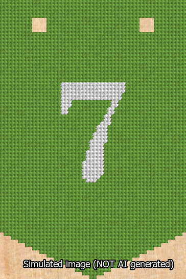 A simulated image of the stitched needlepoint design: Banner 13m Pointed 7 White on Light Green. Not A.I. generated.