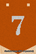 A simulated image of the stitched needlepoint design: Banner 13m Pointed 7 White on Orange. Not A.I. generated.