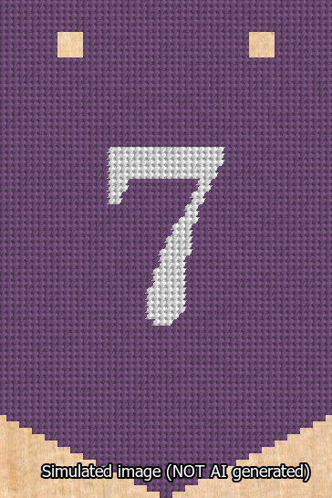 A simulated image of the stitched needlepoint design: Banner 13m Pointed 7 White on Purple. Not A.I. generated.
