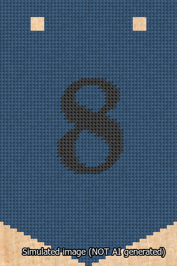 A simulated image of the stitched needlepoint design: Banner 13m Pointed 8 Black on Blue. Not A.I. generated.