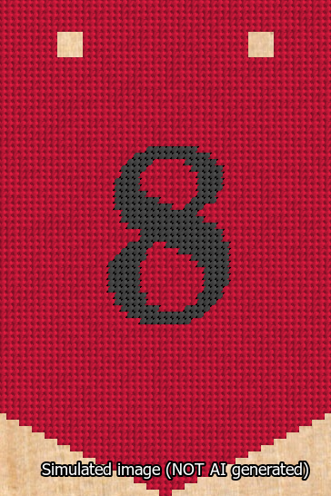 A simulated image of the stitched needlepoint design: Banner 13m Pointed 8 Black on Red. Not A.I. generated.