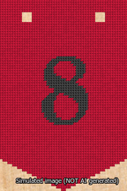 A simulated image of the stitched needlepoint design: Banner 13m Pointed 8 Black on Red. Not A.I. generated.