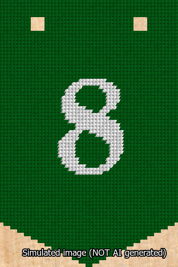 A simulated image of the stitched needlepoint design: Banner 13m Pointed 8 White on Green. Not A.I. generated.