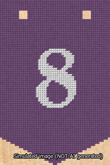 A simulated image of the stitched needlepoint design: Banner 13m Pointed 8 White on Purple. Not A.I. generated.
