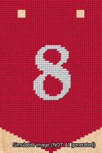 A simulated image of the stitched needlepoint design: Banner 13m Pointed 8 White on Red. Not A.I. generated.