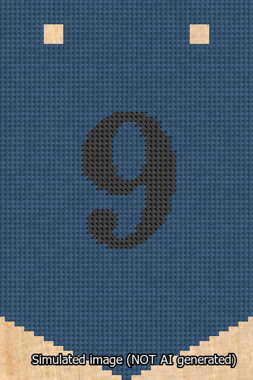 A simulated image of the stitched needlepoint design: Banner 13m Pointed 9 Black on Blue. Not A.I. generated.