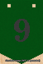 A simulated image of the stitched needlepoint design: Banner 13m Pointed 9 Black on Green. Not A.I. generated.