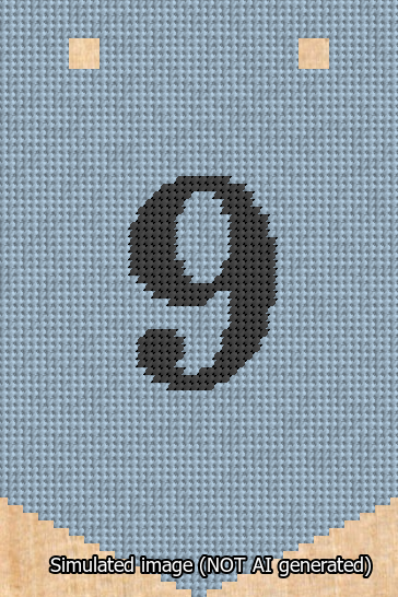 A simulated image of the stitched needlepoint design: Banner 13m Pointed 9 Black on Light Blue. Not A.I. generated.