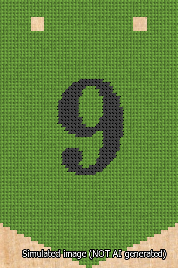 A simulated image of the stitched needlepoint design: Banner 13m Pointed 9 Black on Light Green. Not A.I. generated.