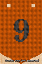 A simulated image of the stitched needlepoint design: Banner 13m Pointed 9 Black on Orange. Not A.I. generated.
