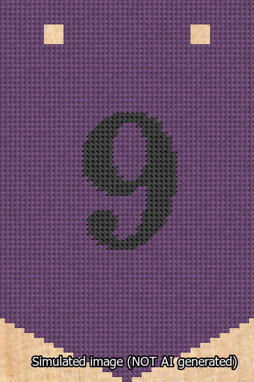 A simulated image of the stitched needlepoint design: Banner 13m Pointed 9 Black on Purple. Not A.I. generated.