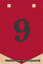 A simulated image of the stitched needlepoint design: Banner 13m Pointed 9 Black on Red. Not A.I. generated.