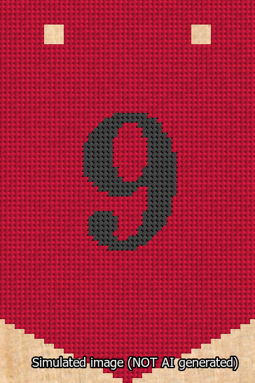 A simulated image of the stitched needlepoint design: Banner 13m Pointed 9 Black on Red. Not A.I. generated.
