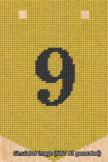 A simulated image of the stitched needlepoint design: Banner 13m Pointed 9 Black on Yellow. Not A.I. generated.