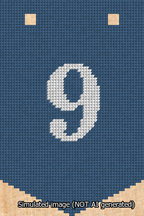 A simulated image of the stitched needlepoint design: Banner 13m Pointed 9 White on Blue. Not A.I. generated.