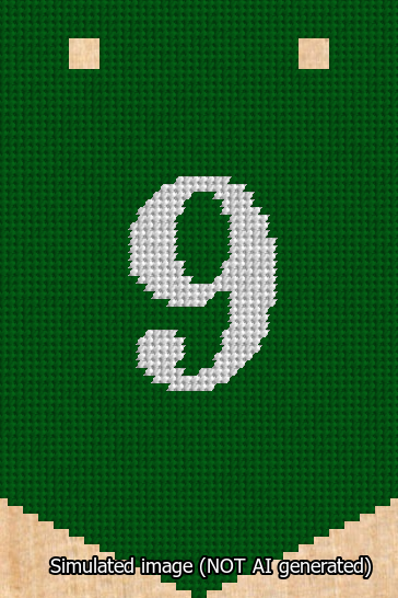 A simulated image of the stitched needlepoint design: Banner 13m Pointed 9 White on Green. Not A.I. generated.