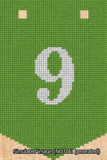 A simulated image of the stitched needlepoint design: Banner 13m Pointed 9 White on Light Green. Not A.I. generated.
