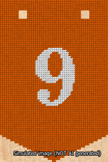 A simulated image of the stitched needlepoint design: Banner 13m Pointed 9 White on Orange. Not A.I. generated.