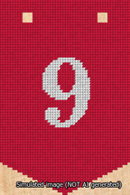 A simulated image of the stitched needlepoint design: Banner 13m Pointed 9 White on Red. Not A.I. generated.