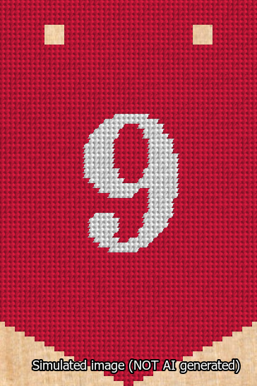 A simulated image of the stitched needlepoint design: Banner 13m Pointed 9 White on Red. Not A.I. generated.