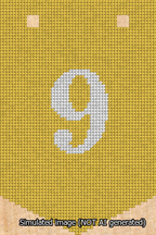 A simulated image of the stitched needlepoint design: Banner 13m Pointed 9 White on Yellow. Not A.I. generated.