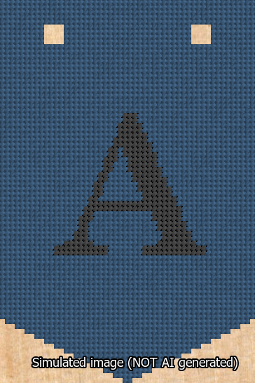 A simulated image of the stitched needlepoint design: Banner 13m Pointed A Black on Blue. Not A.I. generated.