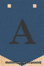 A simulated image of the stitched needlepoint design: Banner 13m Pointed A Black on Blue. Not A.I. generated.