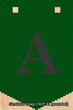 A simulated image of the stitched needlepoint design: Banner 13m Pointed A Black on Green. Not A.I. generated.