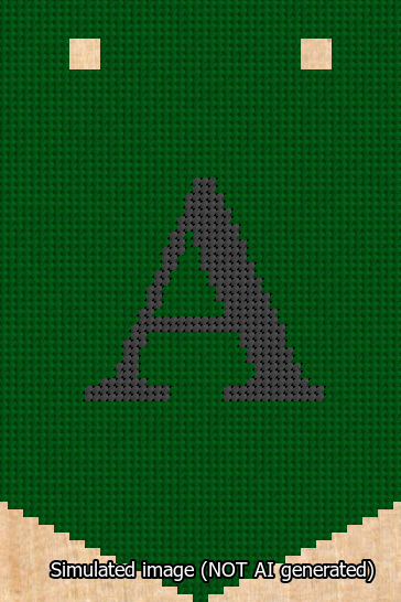 A simulated image of the stitched needlepoint design: Banner 13m Pointed A Black on Green. Not A.I. generated.