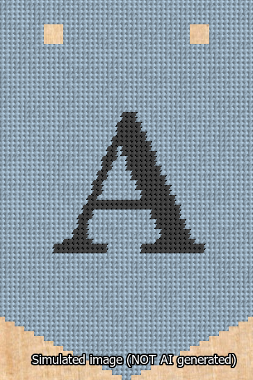 A simulated image of the stitched needlepoint design: Banner 13m Pointed A Black on Light Blue. Not A.I. generated.