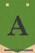 A simulated image of the stitched needlepoint design: Banner 13m Pointed A Black on Light Green. Not A.I. generated.