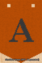 A simulated image of the stitched needlepoint design: Banner 13m Pointed A Black on Orange. Not A.I. generated.
