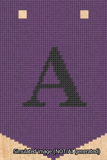 A simulated image of the stitched needlepoint design: Banner 13m Pointed A Black on Purple. Not A.I. generated.
