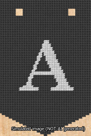 A simulated image of the stitched needlepoint design: Banner 13m Pointed A White on Black. Not A.I. generated.