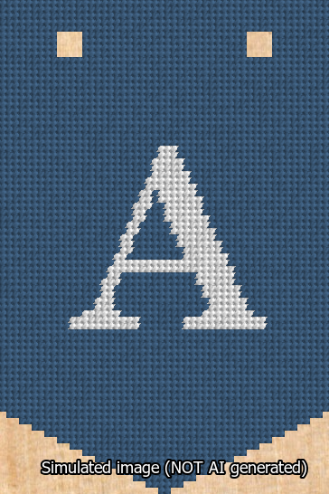 A simulated image of the stitched needlepoint design: Banner 13m Pointed A White on Blue. Not A.I. generated.