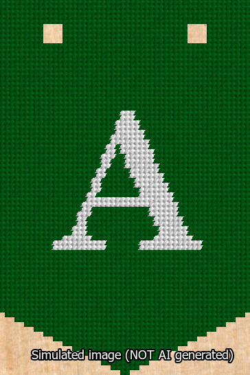 A simulated image of the stitched needlepoint design: Banner 13m Pointed A White on Green. Not A.I. generated.