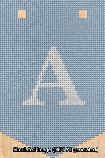 A simulated image of the stitched needlepoint design: Banner 13m Pointed A White on Light Blue. Not A.I. generated.