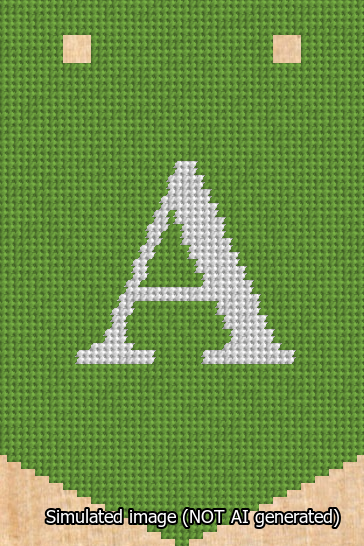 A simulated image of the stitched needlepoint design: Banner 13m Pointed A White on Light Green. Not A.I. generated.