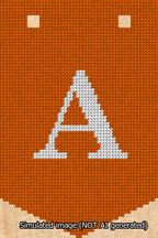A simulated image of the stitched needlepoint design: Banner 13m Pointed A White on Orange. Not A.I. generated.