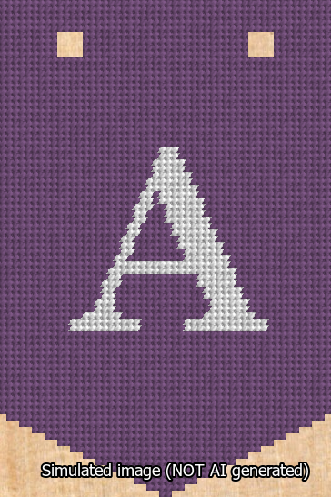 A simulated image of the stitched needlepoint design: Banner 13m Pointed A White on Purple. Not A.I. generated.