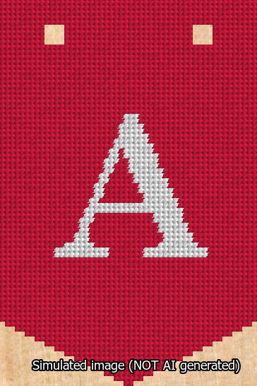A simulated image of the stitched needlepoint design: Banner 13m Pointed A White on Red. Not A.I. generated.