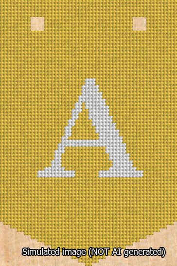 A simulated image of the stitched needlepoint design: Banner 13m Pointed A White on Yellow. Not A.I. generated.