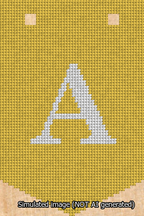 A simulated image of the stitched needlepoint design: Banner 13m Pointed A White on Yellow. Not A.I. generated.