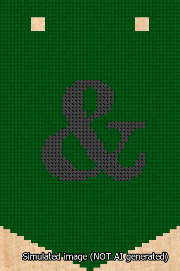 A simulated image of the stitched needlepoint design: Banner 13m Pointed Ampersand Black on Green. Not A.I. generated.