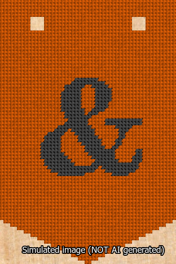 A simulated image of the stitched needlepoint design: Banner 13m Pointed Ampersand Black on Orange. Not A.I. generated.