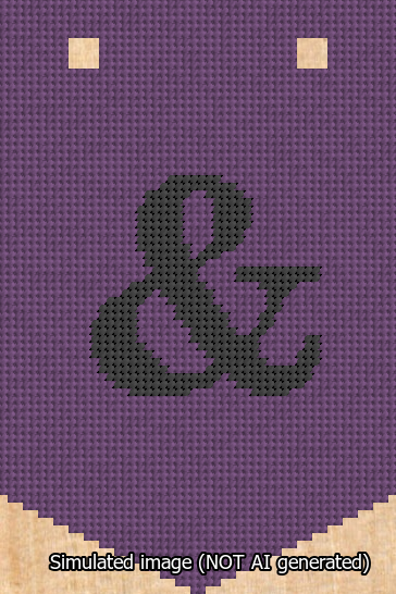 A simulated image of the stitched needlepoint design: Banner 13m Pointed Ampersand Black on Purple. Not A.I. generated.