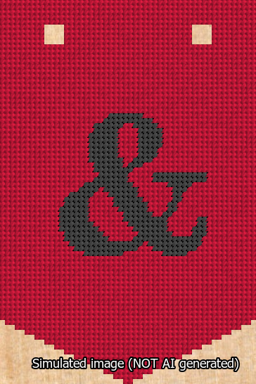 A simulated image of the stitched needlepoint design: Banner 13m Pointed Ampersand Black on Red. Not A.I. generated.