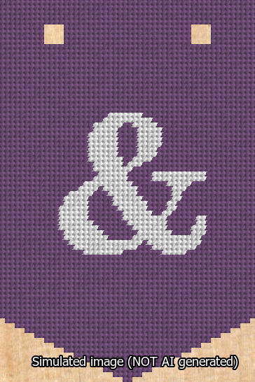 A simulated image of the stitched needlepoint design: Banner 13m Pointed Ampersand White on Purple. Not A.I. generated.
